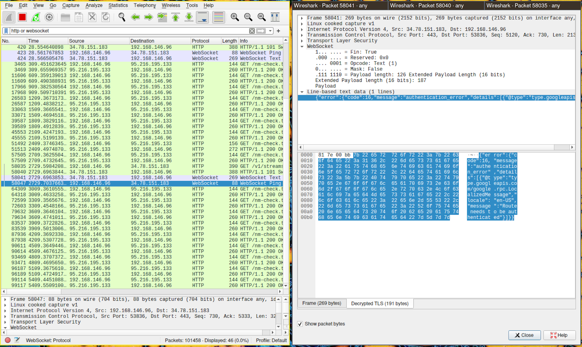 Screenshot of wireshark successfully showing decrypted traffic on the host
