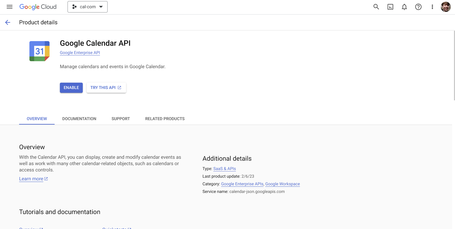 Google calendar API page