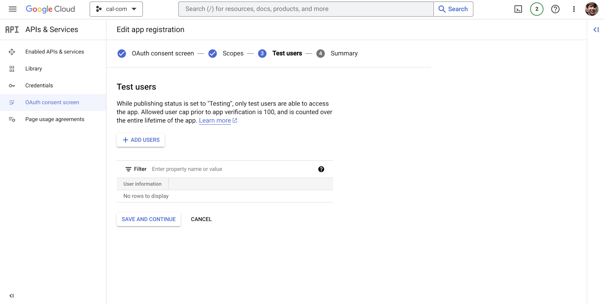 Google oauth add test users page