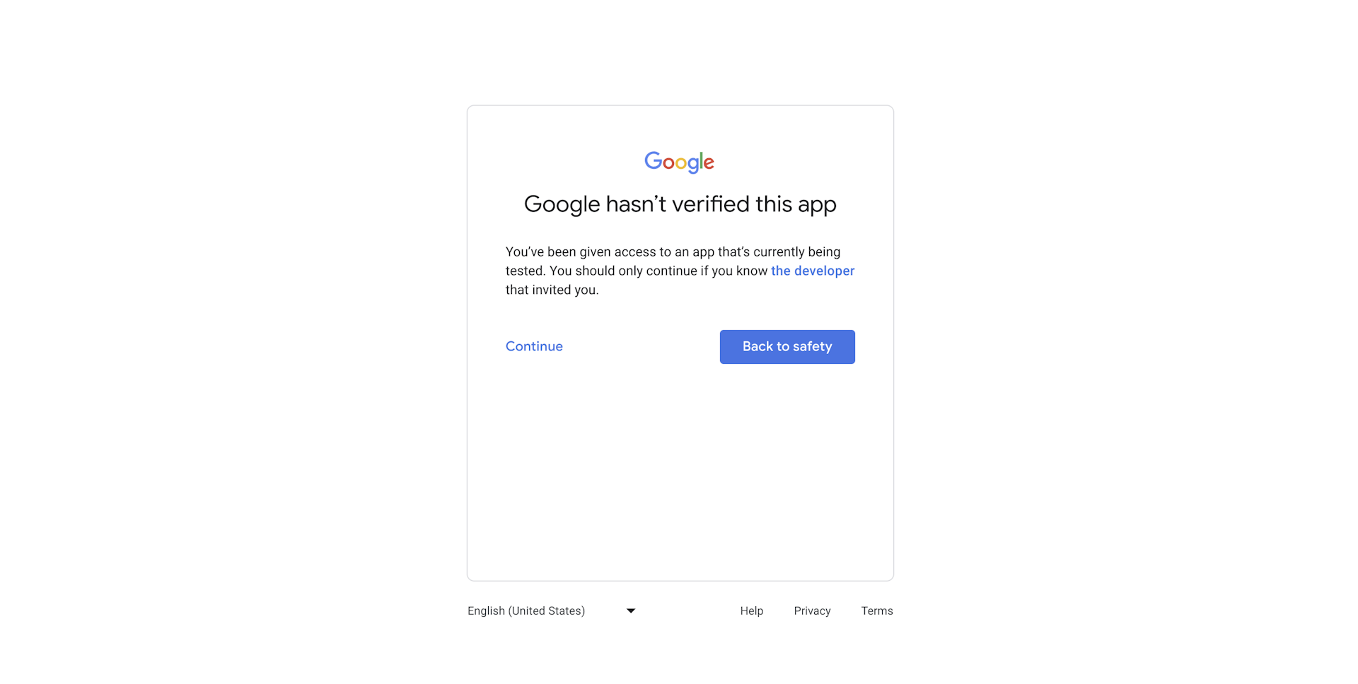 Google verification warning