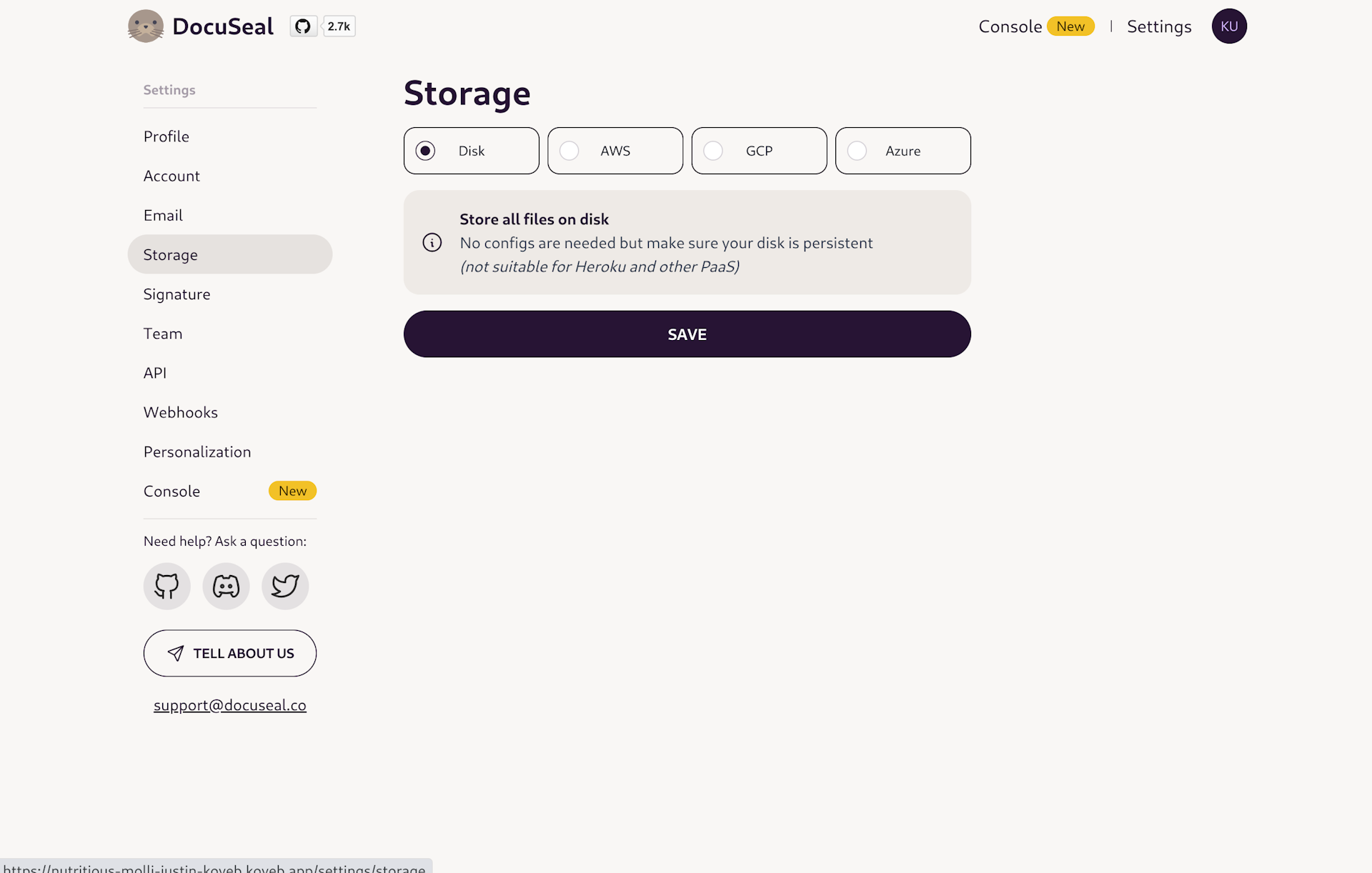 DocuSeal initial storage page