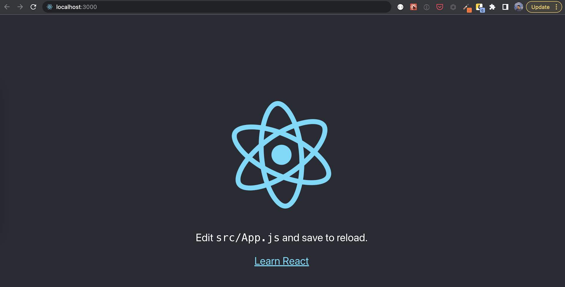 The default landing page for a new React project