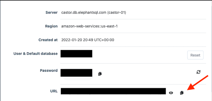 ElephantSQL Postgres instance showing database URL