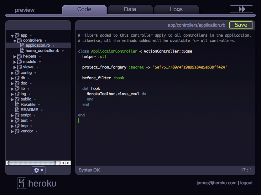 Heroku in-browser code editor circa 2007