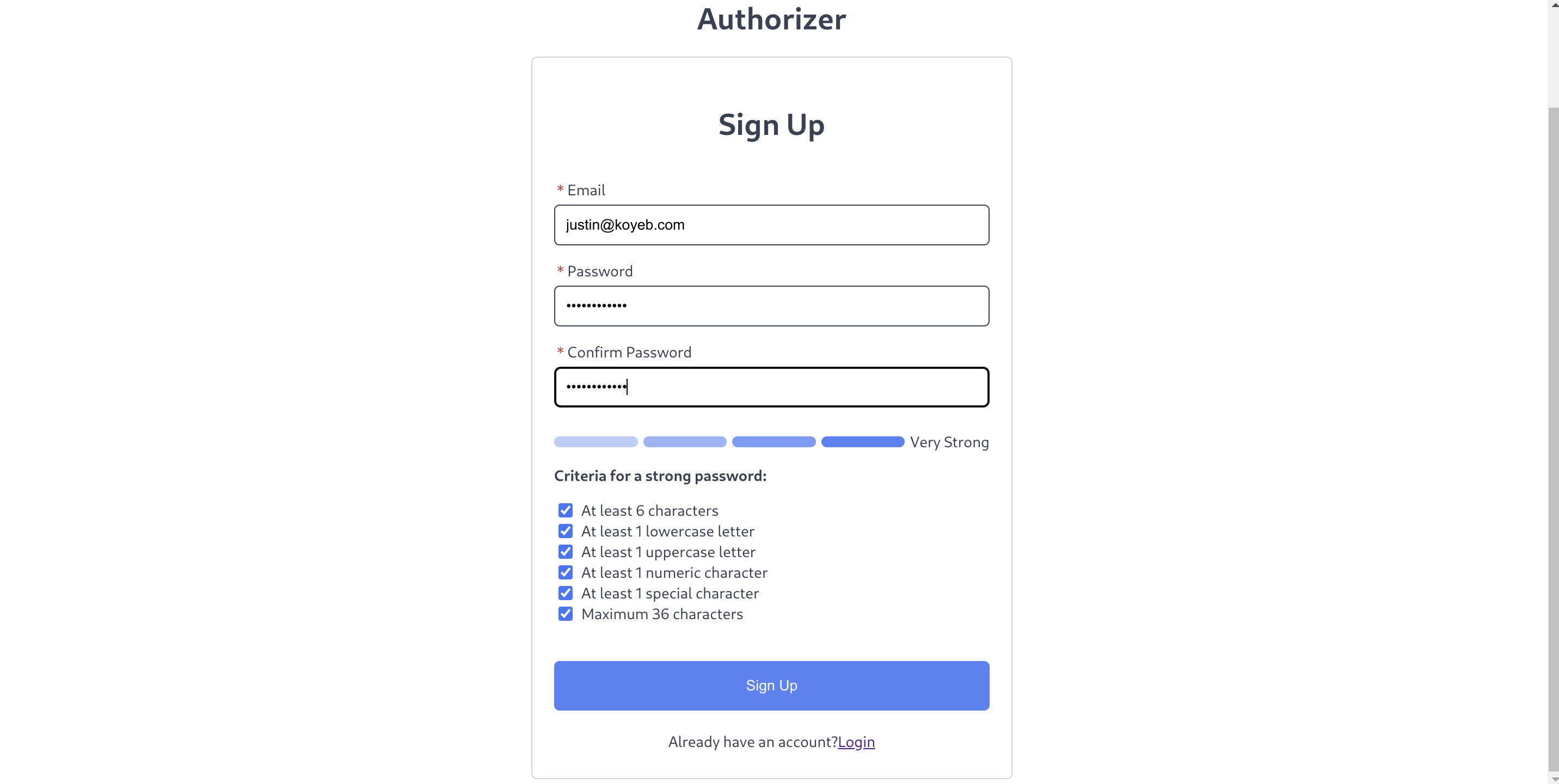Authorizer account creation page
