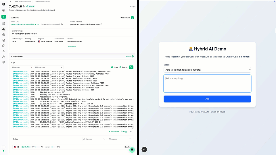 Demo app showing a query that goes to the local AI versus the deployed AI