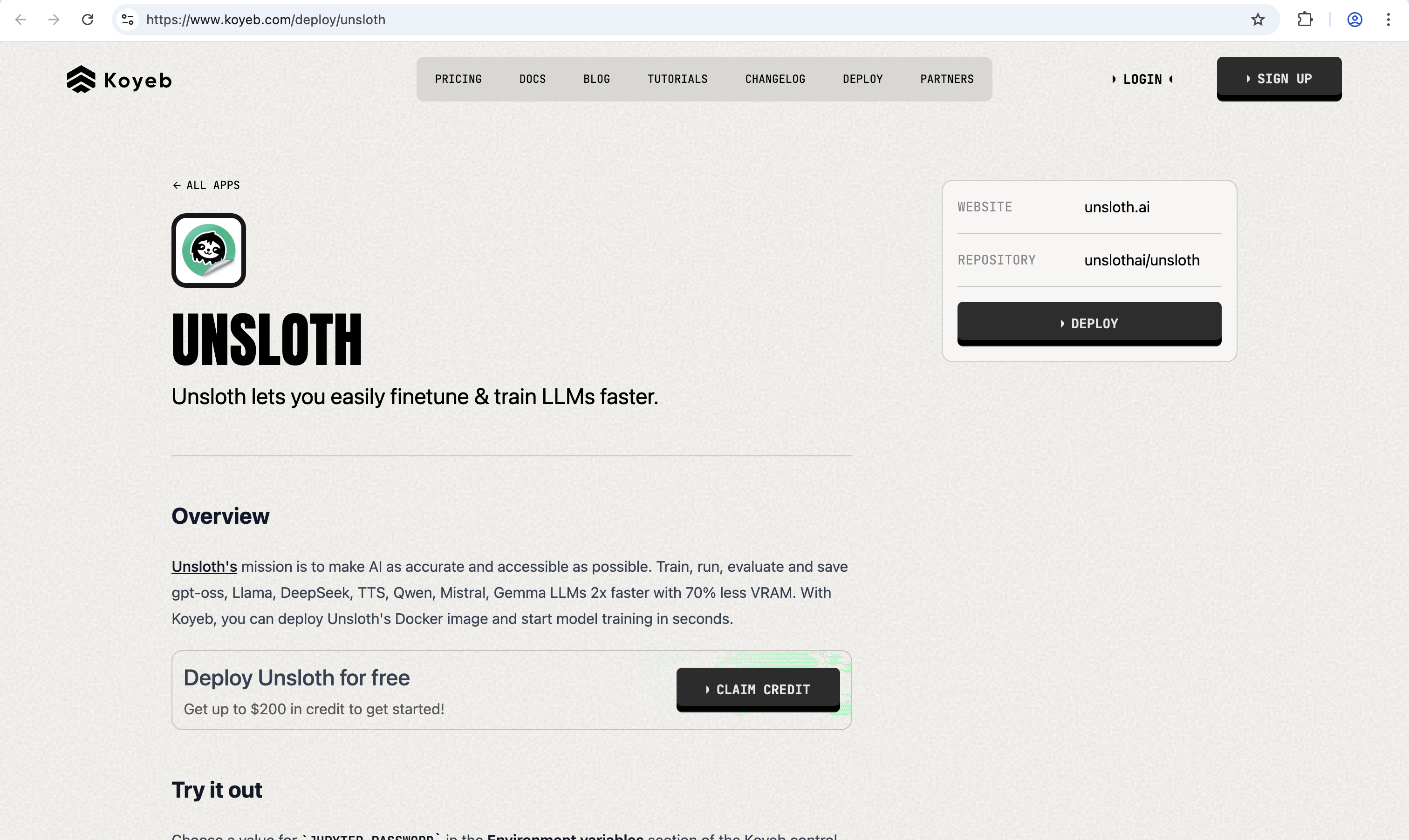 Unsloth One-Click page