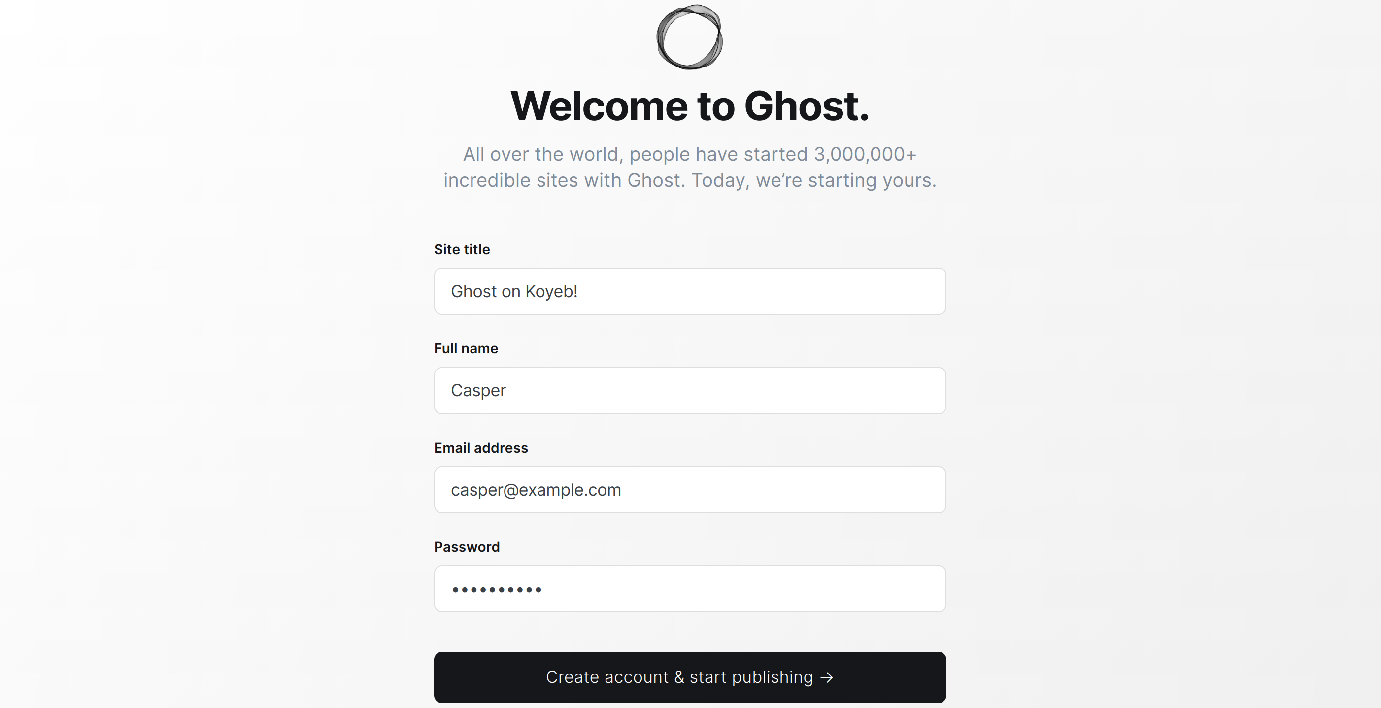 Ghost blog admin creation page